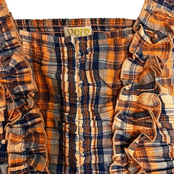 Verb by Pallavi Singhee x Anthropologie Ruffled Plaid Top Smocked Orange Medium - Picture 9 of 15
